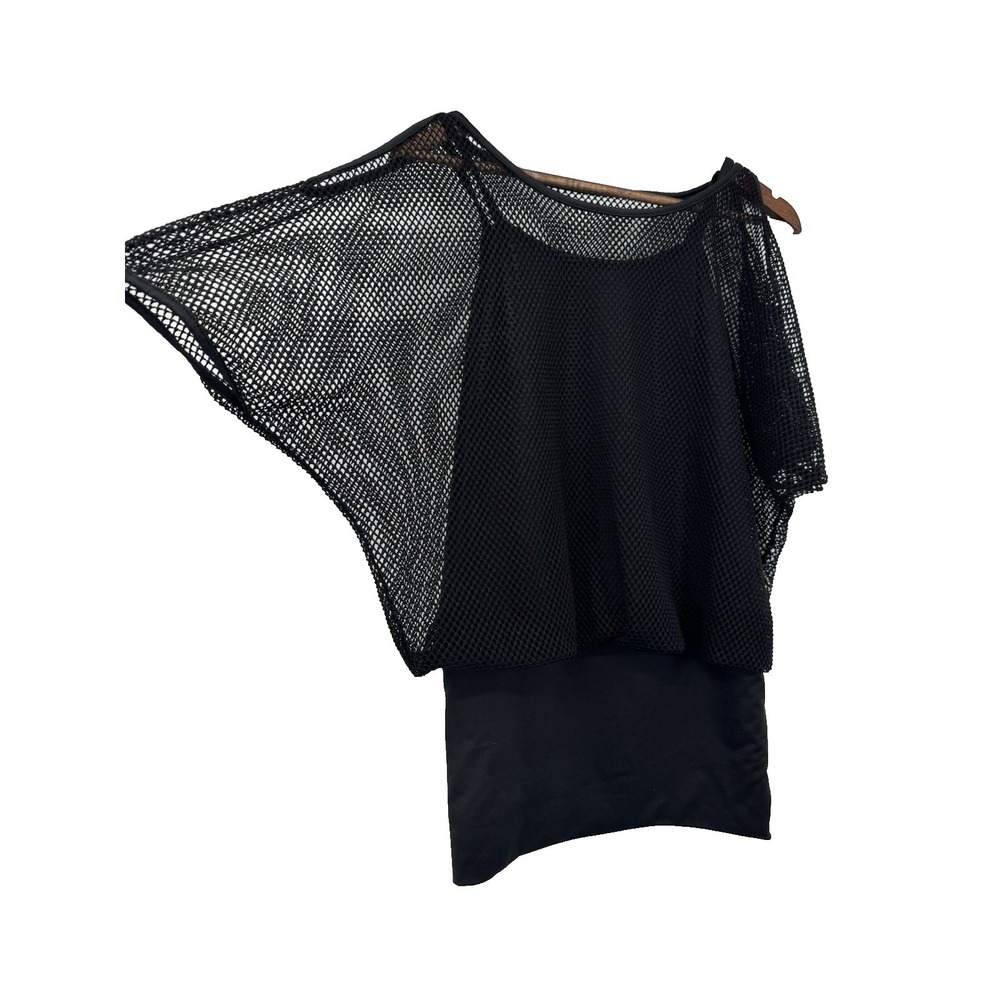 Black Fishnet Mesh banded bottom top‎ batwing rave whimsigoth dolman Y2K edgy M